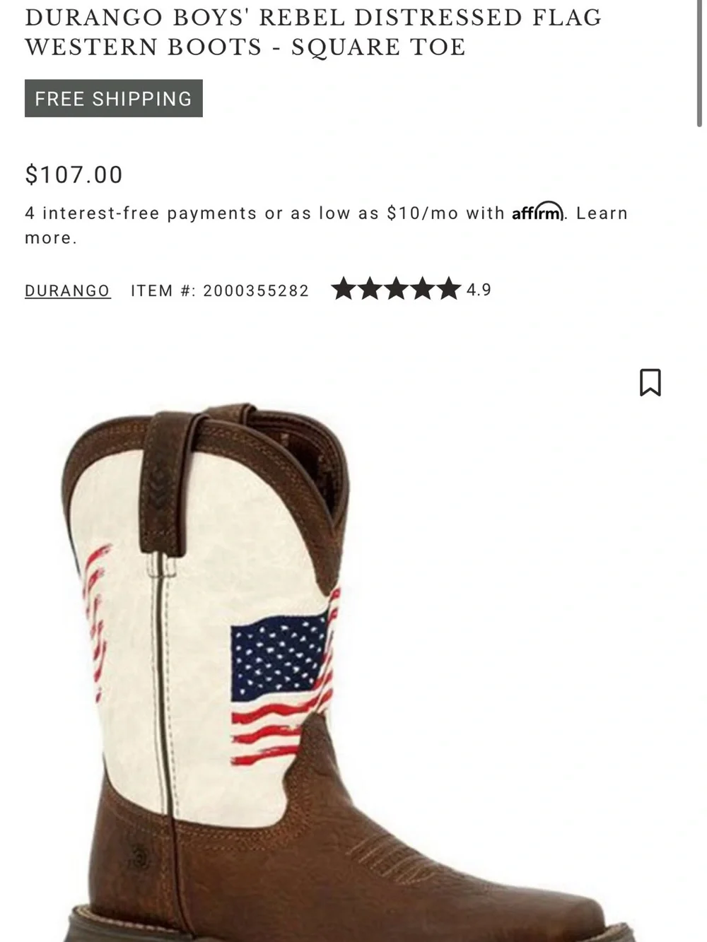 DURANGO BOYS' REBEL DISTRESSED FLAG WESTERN BOOTS - SQUARE TOE
